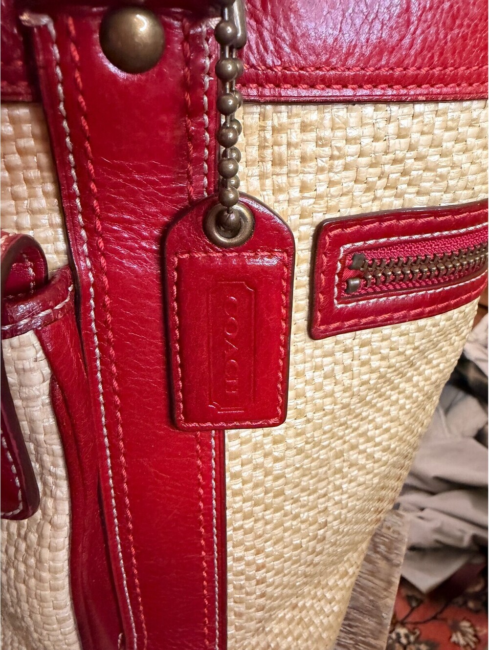 Coach Legacy Straw and Red Leather Buckle Tote (Style… - Gem